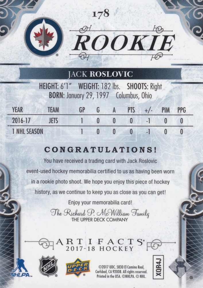 2017-18 UD Artifacts - Jack Roslovic - Rookie Material Silver /499 #178