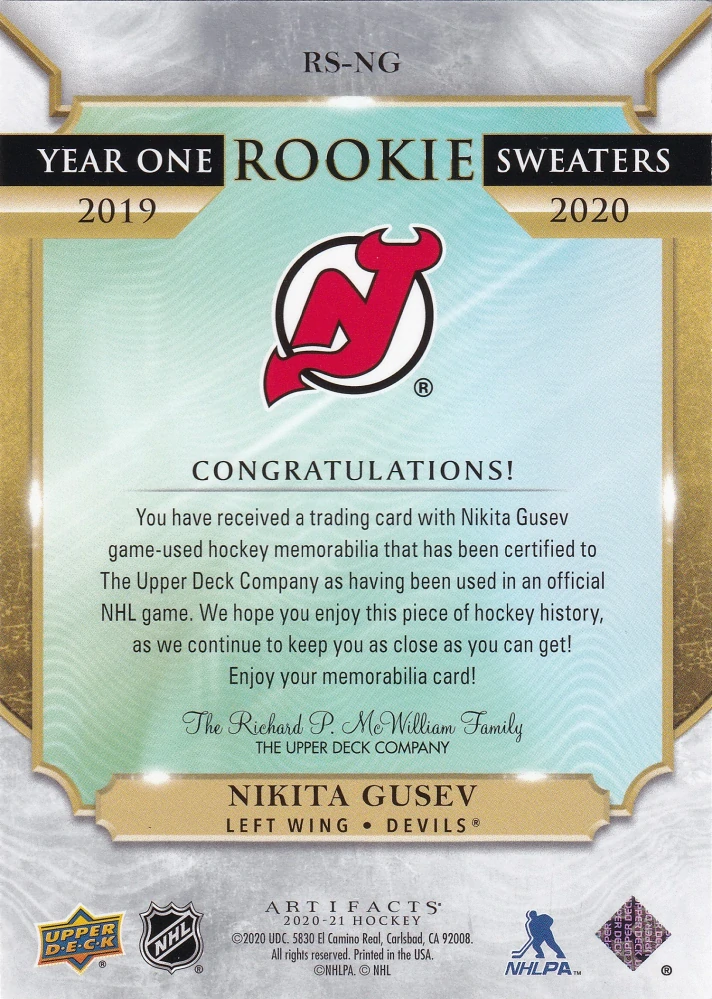 2020-21 UD Artifacts - Nikita Gusev - Year One Rookie Sweaters #RS-NG
