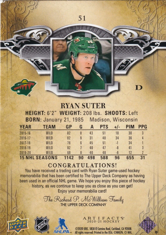 2020-21 UD Artifacts - Ryan Suter - Materials Black /5 #51