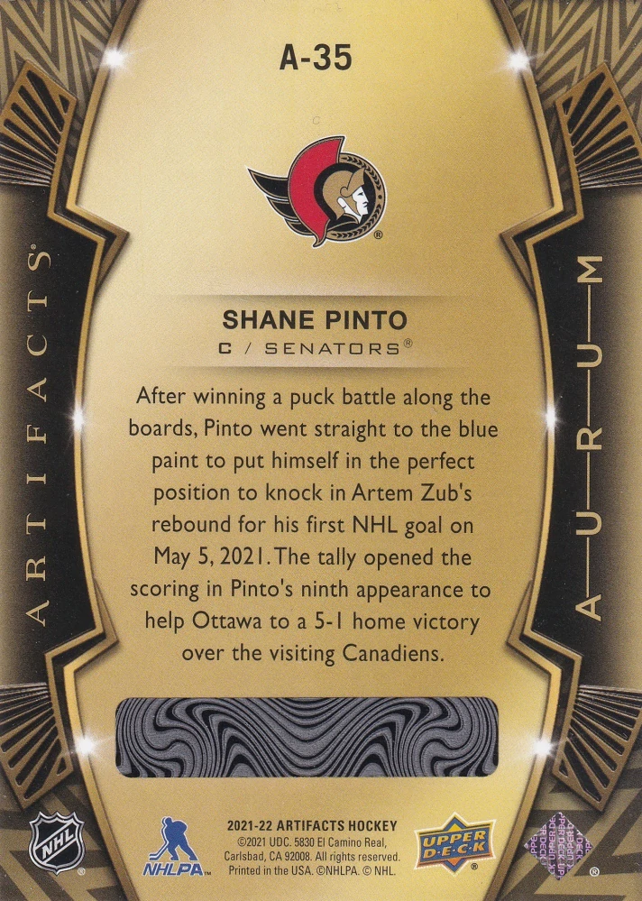 2021-22 UD Artifacts - Shane Pinto - Aurum Rookie #A-35