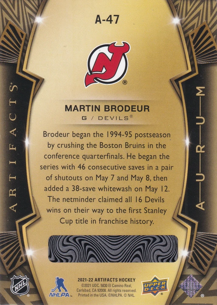 2021-22 UD Artifacts - Martin Brodeur - Aurum #A-47