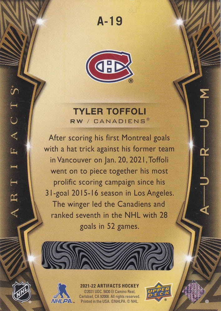 2021-22 UD Artifacts - Tyler Toffoli - Aurum #A-19