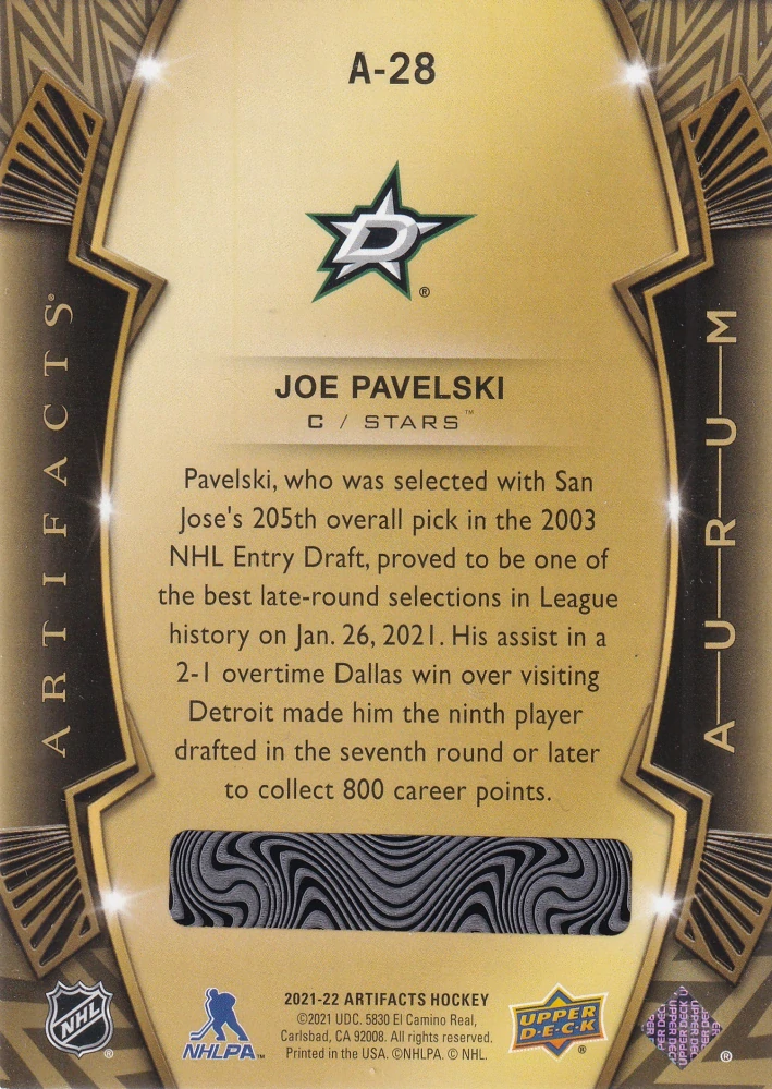 2021-22 UD Artifacts - Joe Pavelski - Aurum #A-28