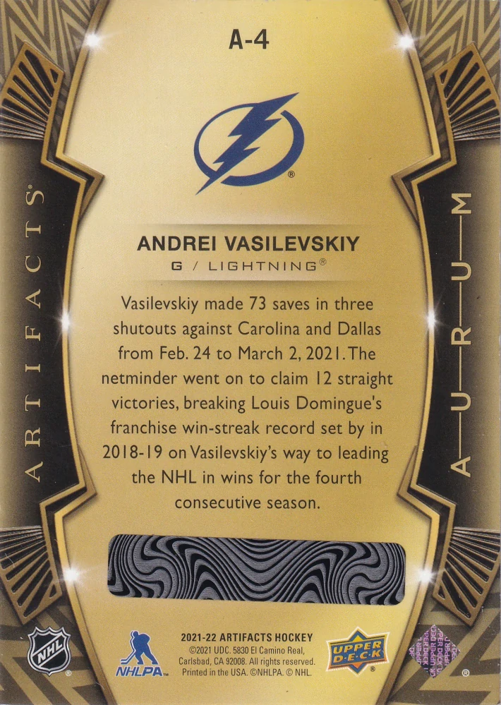 2021-22 UD Artifacts - Andrei Vasilevskiy - Aurum #A-4