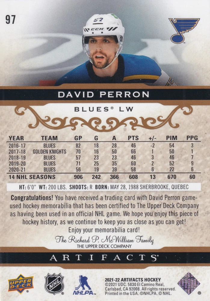 2021-22 UD Artifacts - David Perron - Gold Material Relics /249 #97