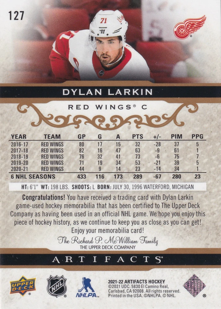 2021-22 UD Artifacts - Dylan Larkin - Gold Material Relics /199 #127