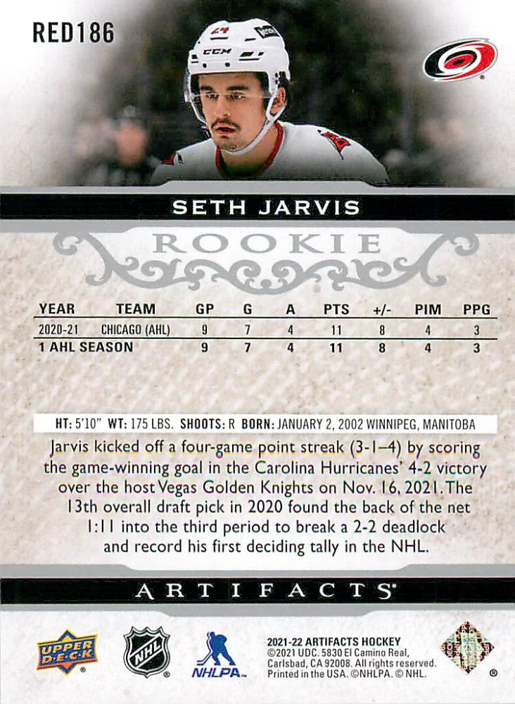 2021-22 UD Artifacts - Seth Jarvis - Rookie /999 #RED186
