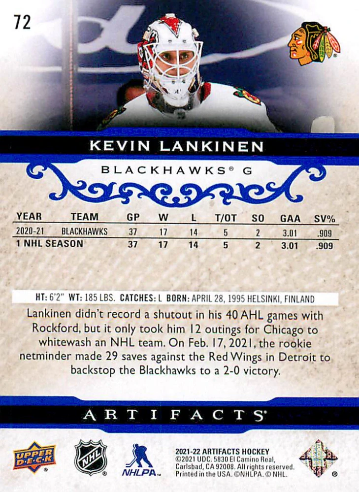 2021-22 UD Artifacts - Kevin Lankinen - Royal Blue /199 #72