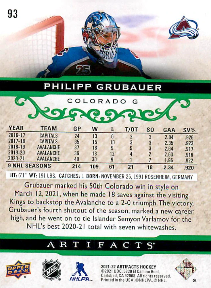 2021-22 UD Artifacts - Philipp Grubauer - Emerald /99 #93