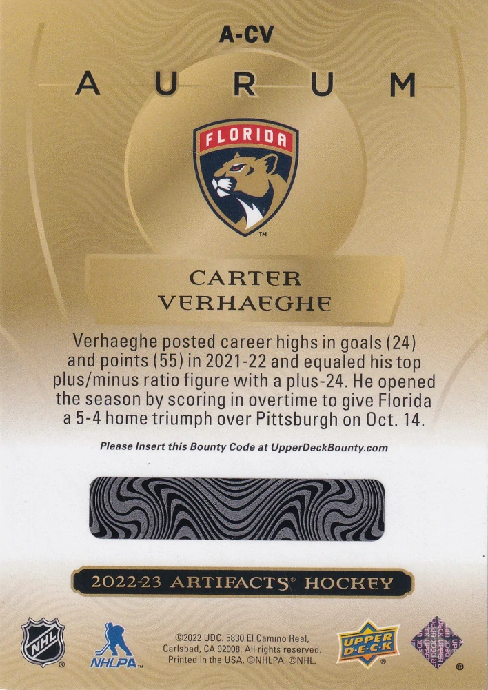 2022-23 UD Artifacts - Carter Verhaeghe - Aurum #A-CV