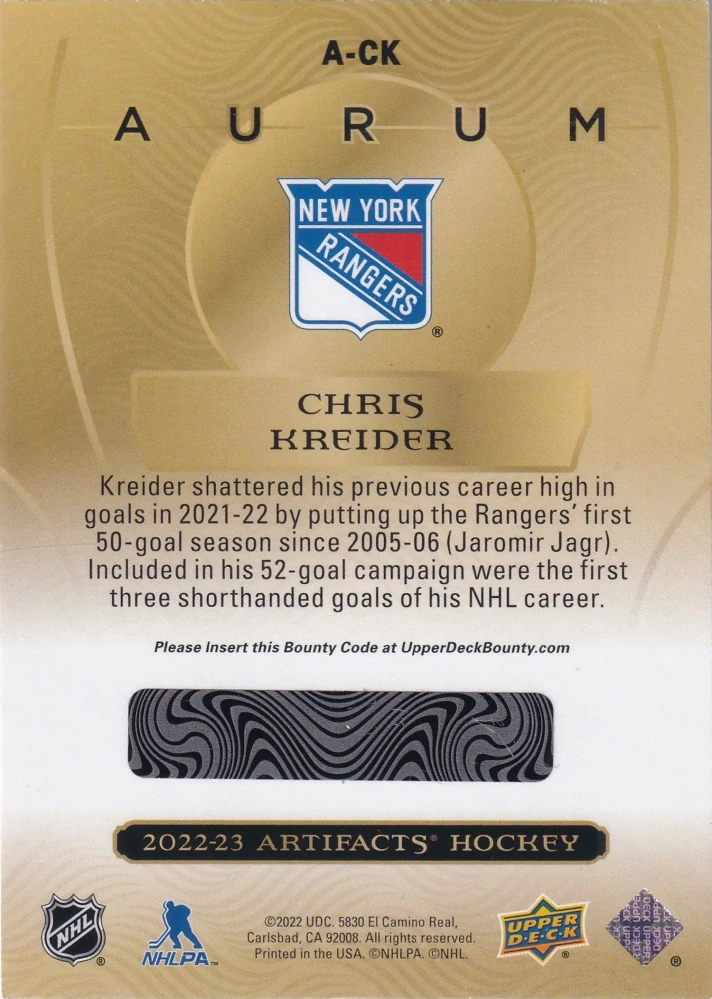 2022-23 UD Artifacts - Chris Kreider - Aurum #A-CK