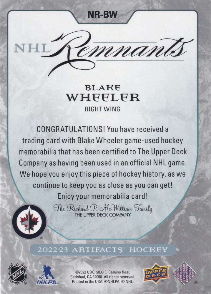 2022-23 UD Artifacts - Blake Wheeler - NHL Remnants Jersey Relics #NR-BW