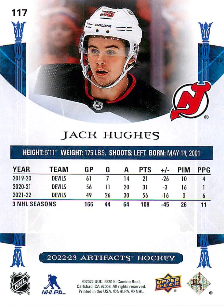 2022-23 UD Artifacts - Jack Hughes - Ruby /499 #117