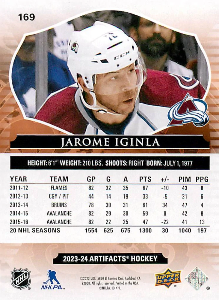 2023-24 UD Artifacts - Jarome Iginla - Royal Blue /199 #169