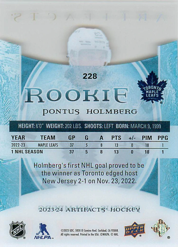 2023-24 UD Artifacts - Pontus Holmberg - Rookie Clear Cut #228