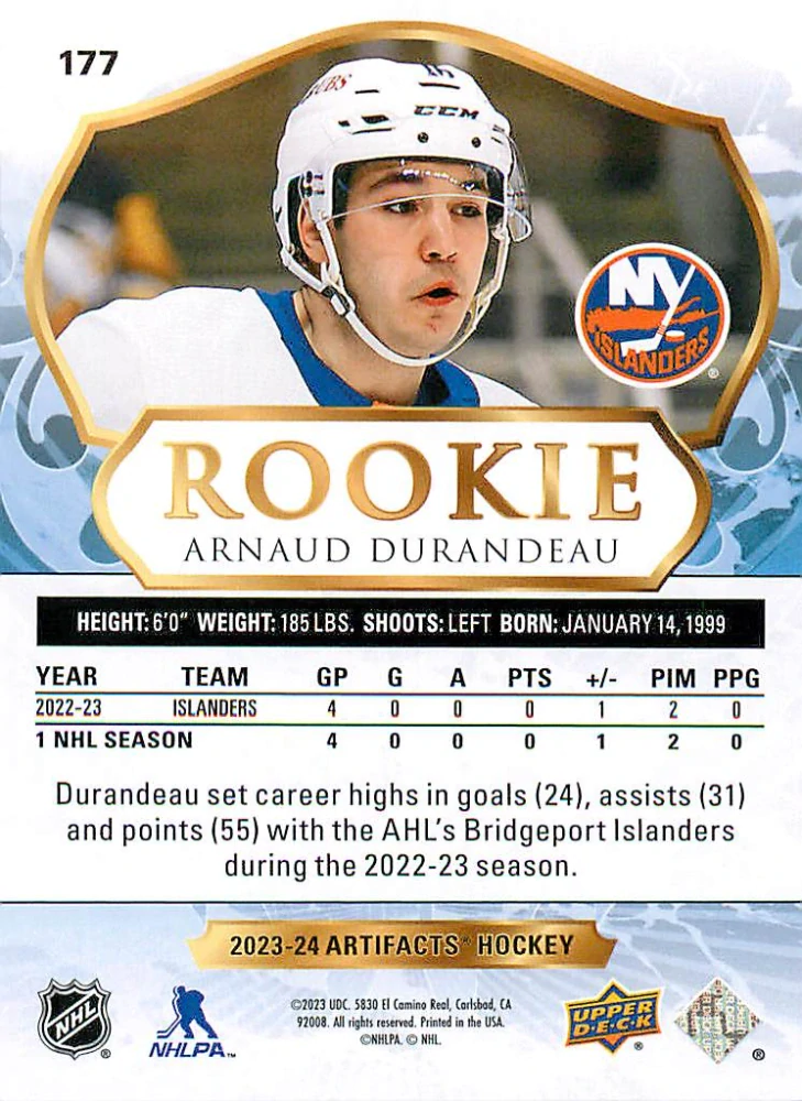 2023-24 UD Artifacts - Arnaud Durandeau - Rookie Light Blue Steel /85 #177