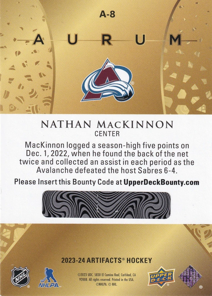 2023-24 UD Artifacts - Nathan MacKinnon - Aurum #A-8