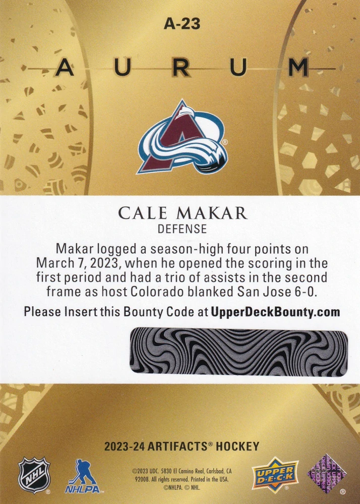 2023-24 UD Artifacts - Cale Makar - Aurum #A-46