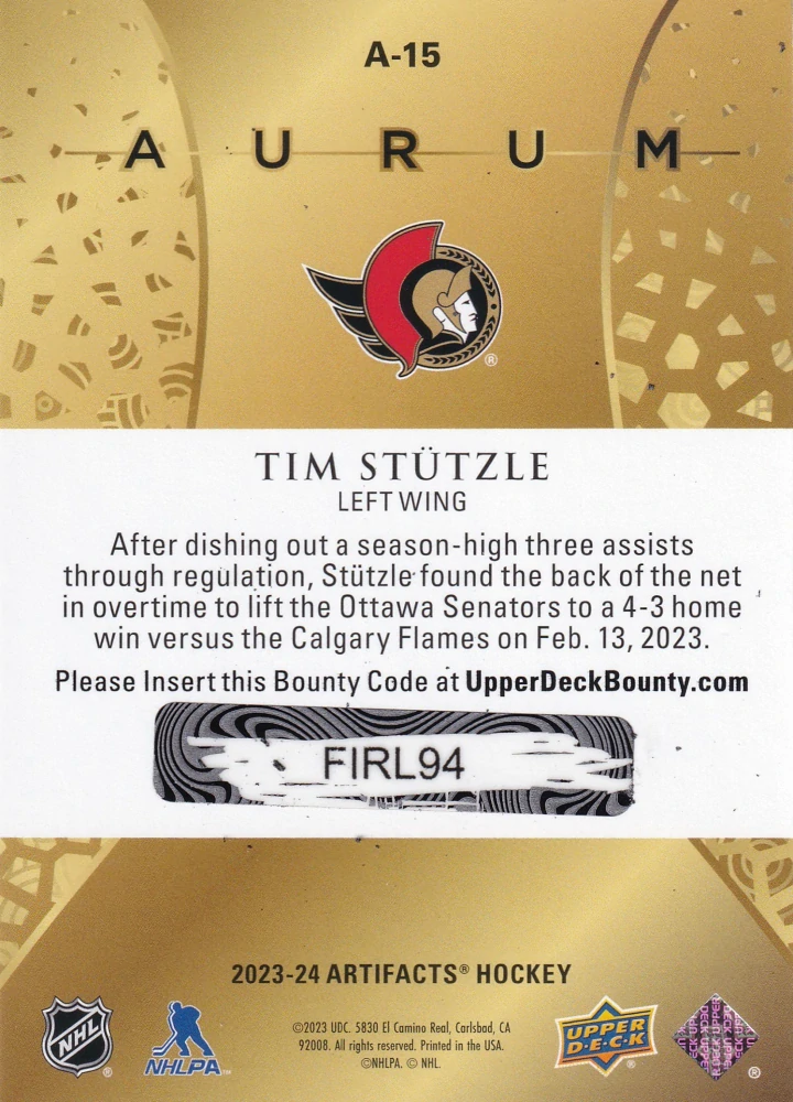 2023-24 UD Artifacts - Tim Stutzle - Aurum #A-15