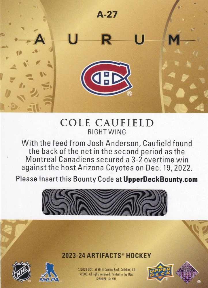 2023-24 UD Artifacts - Cole Caufield - Aurum #A-27