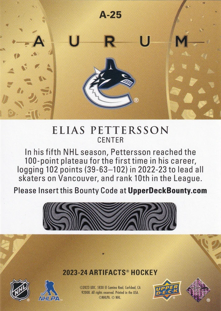 2023-24 UD Artifacts - Elias Pettersson - Aurum #A-25