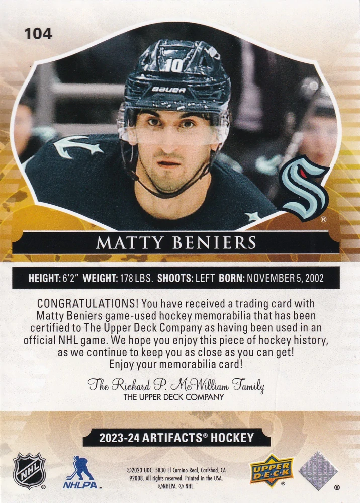 2023-24 UD Artifacts - Matty Beniers - Materials Gold /199 #104