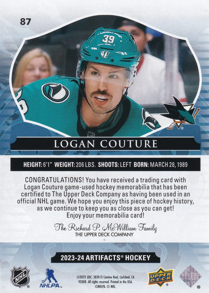 2023-24 UD Artifacts - Logan Couture - Materials Gold /249 #87