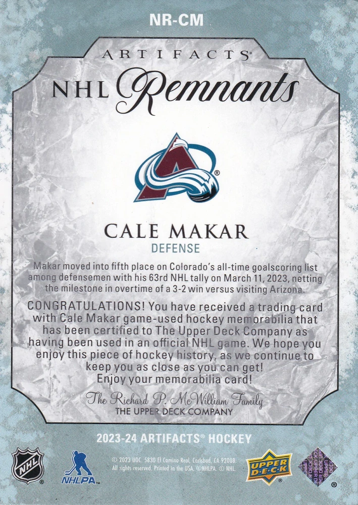 2023-24 UD Artifacts - Cale Makar - NHL Remnants #NR-CM
