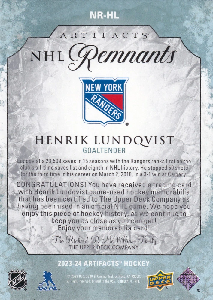 2023-24 UD Artifacts - Henrik Lundqvist - NHL Remnants #NR-HL