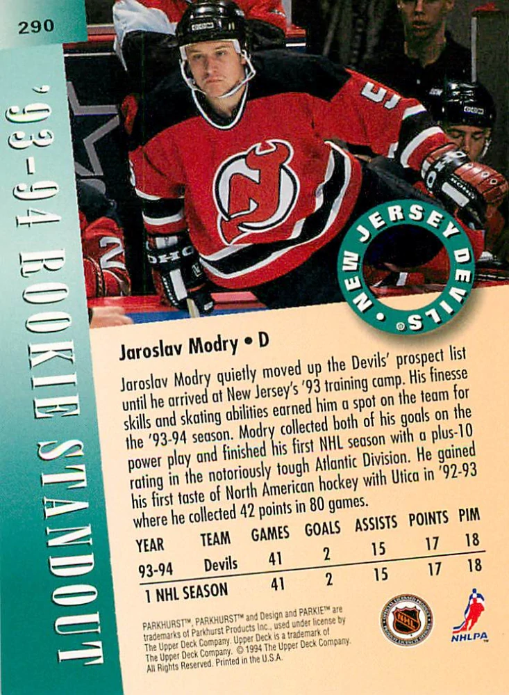 1994-95 Parkhurst - Jaroslav Modrý - 93-94 Rookie Standout #290