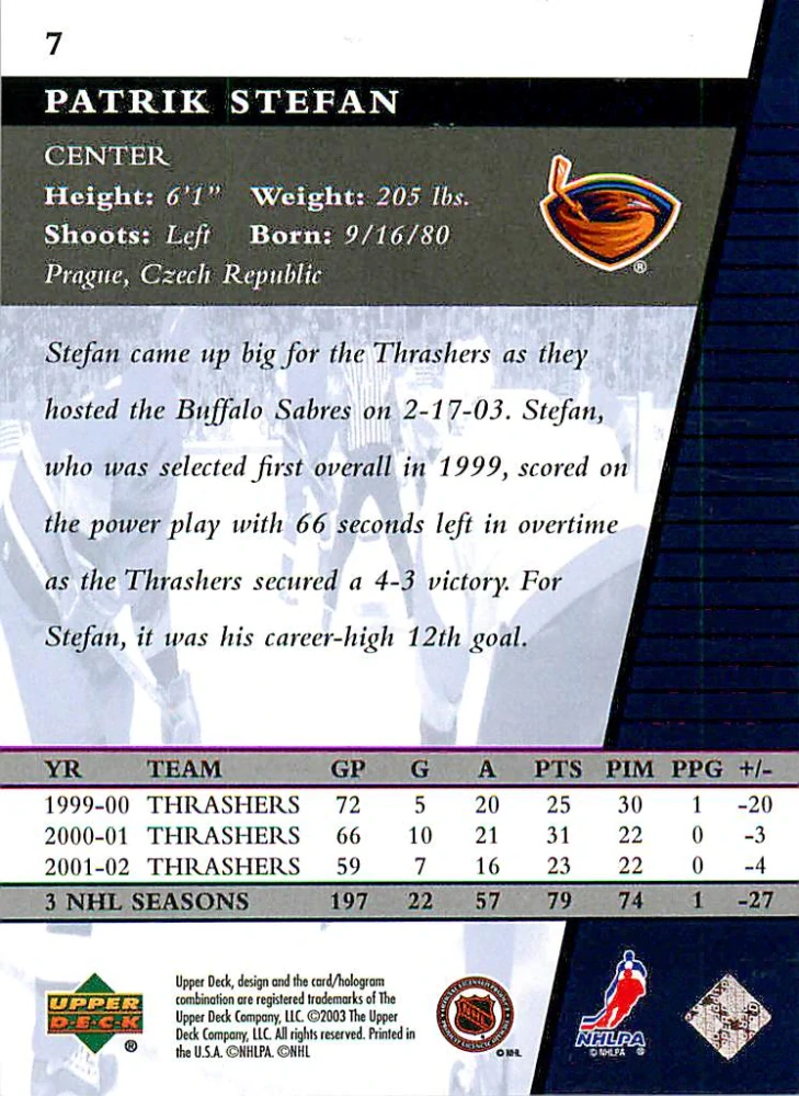 2002-03 UD Rookie Update - Patrik Štefan #7