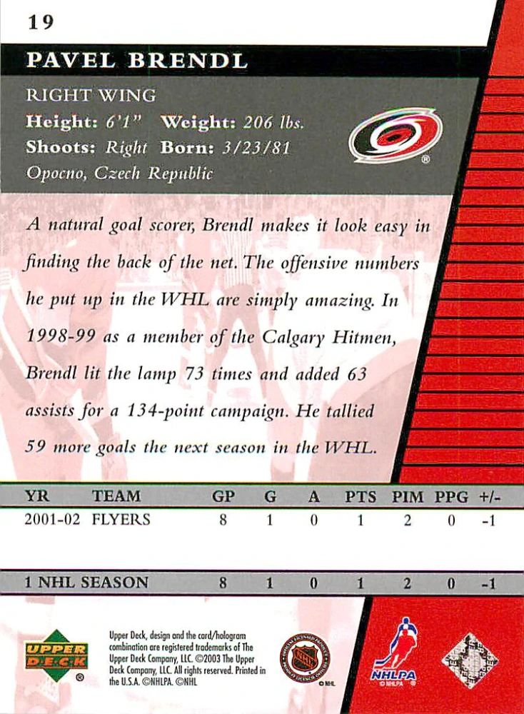 2002-03 UD Rookie Update - Pavel Brendl #19