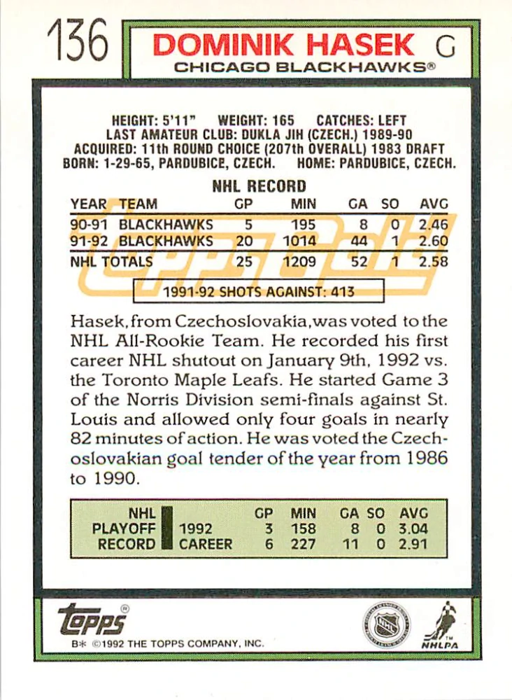 1992-93 Topps - Dominik Hašek - Gold #136