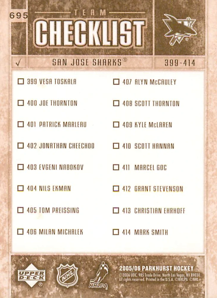 2005-06 UD Parkhurst - Joe Thornton - Checklist #695