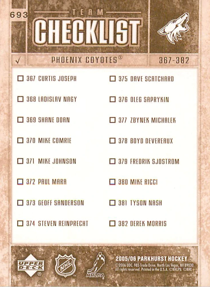 2005-06 UD Parkhurst - Shane Doan - Checklist #693