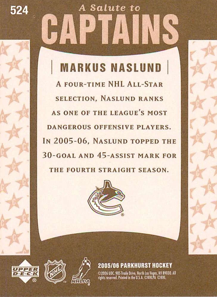2005-06 UD Parkhurst - Markus Naslund - A Salute to Captains #524