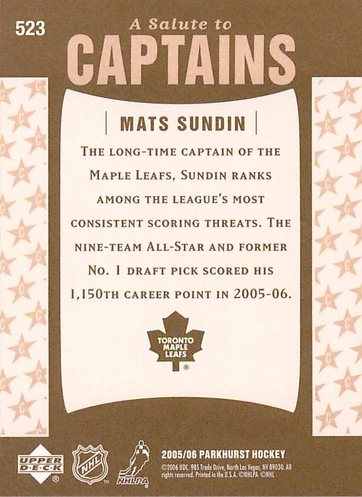 2005-06 UD Parkhurst - Mats Sundin - A Salute to Captains #523