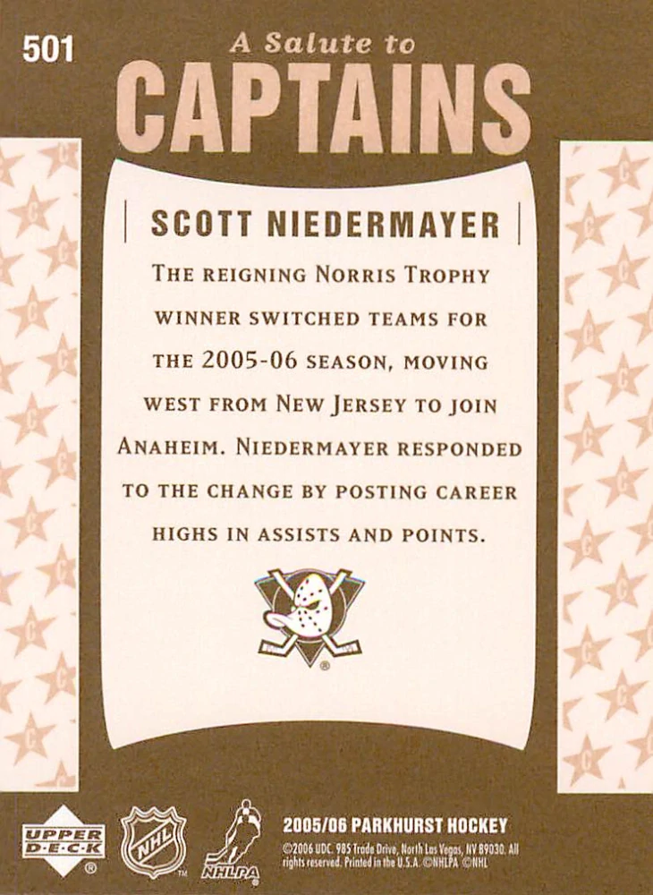 2005-06 UD Parkhurst - Scott Niedermayer - A Salute to Captains #501