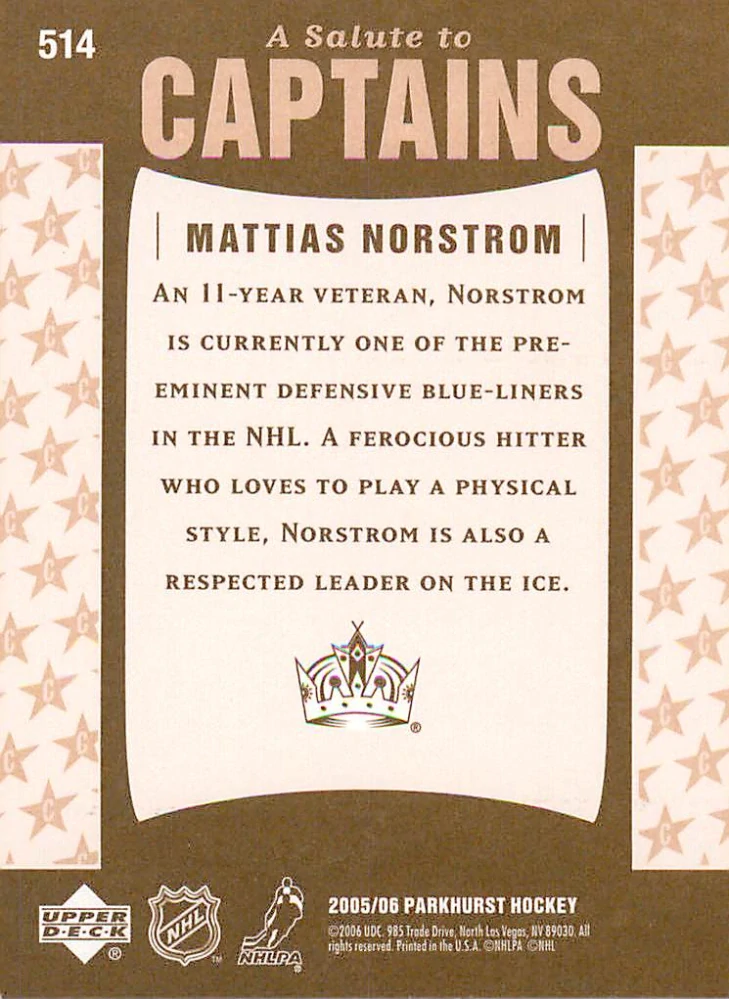 2005-06 UD Parkhurst - Mattias Norstrom - A Salute to Captains #514