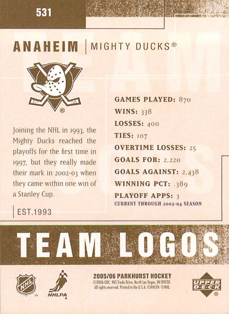 2005-06 UD Parkhurst - Anaheim Mighty Ducks - Team Logos #531