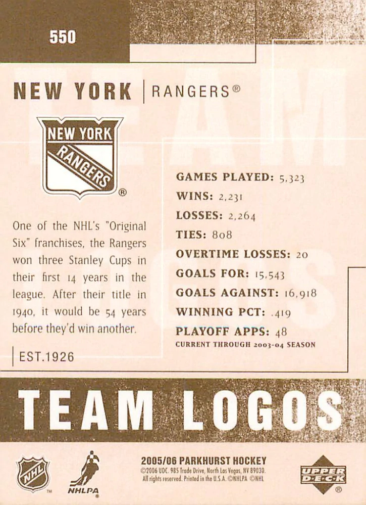 2005-06 UD Parkhurst - New York Rangers - Team Logos #550