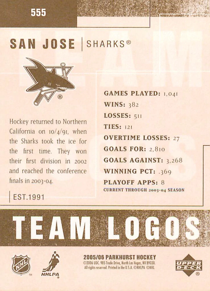 2005-06 UD Parkhurst - San Jose Sharks - Team Logos #555