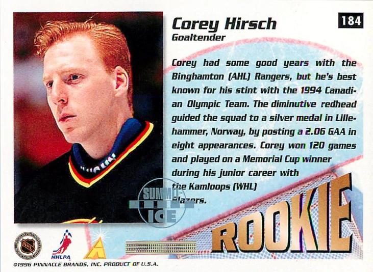 1995-96 Pinnacle Summit - Corey Hirsch - Rookie Summit Ice #184