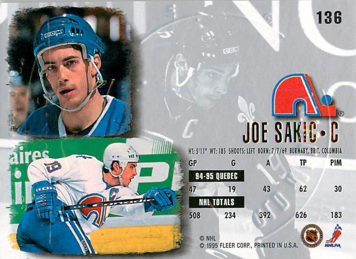 1995-96 Fleer Ultra - Joe Sakic - Gold Medallion #136