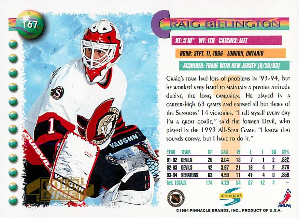 1994-95 Score - Craig Billington - Gold Line #167