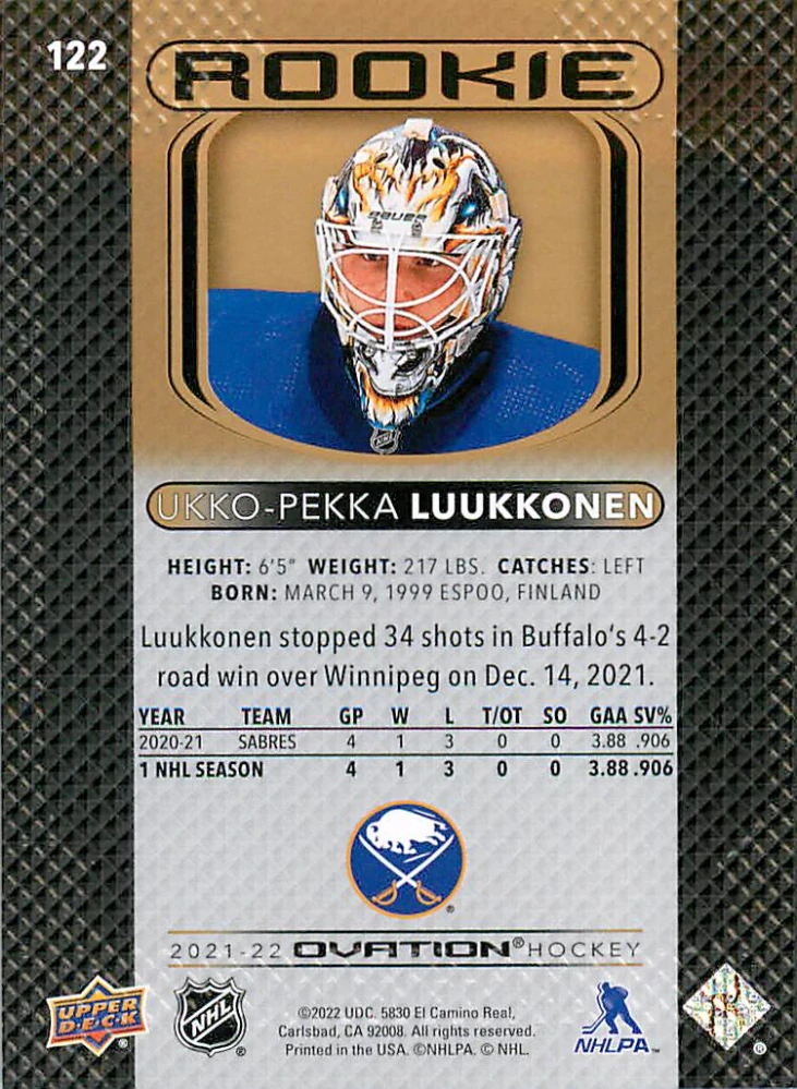 2021-22 UD Ovation - Ukko-Pekka Luukkonen - Rookie Gold Foil #122