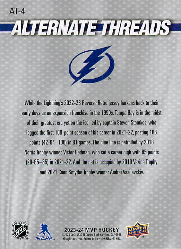 2023-24 UD MVP - Steven Stamkos, Victor Hedman, Andrei Vasilevskiy - Alternate Threads #AT-4