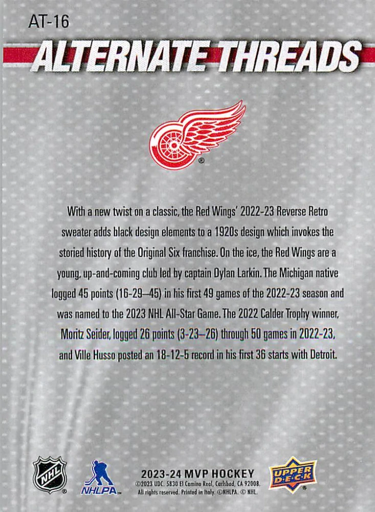 2023-24 UD MVP - Dylan Larkin, Moritz Seider, Ville Husso - Alternate Threads #AT-16