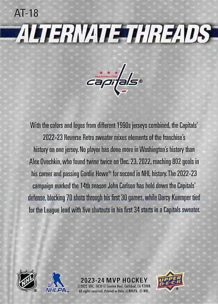 2023-24 UD MVP - Alex Ovechkin, John Carlson, Darcy Kuemper - Alternate Threads #AT-18