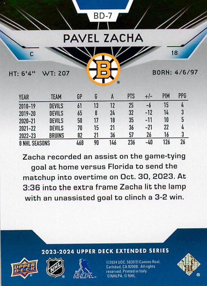 2023-24 UD Extended Series - Pavel Zacha - 2007-08 Black Diamond #BD-7